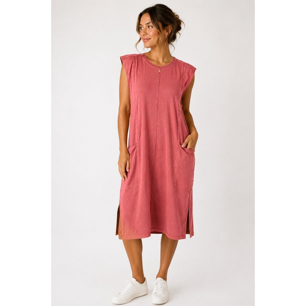Oli & Hali Orange Mineral Wash Sleeveless Midi Dress S Pocket Boho
